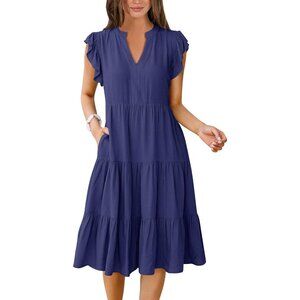 Womens Summer Ruffle Sleeve V Neck Midi Dress 2024 Fashion Casual Sundress